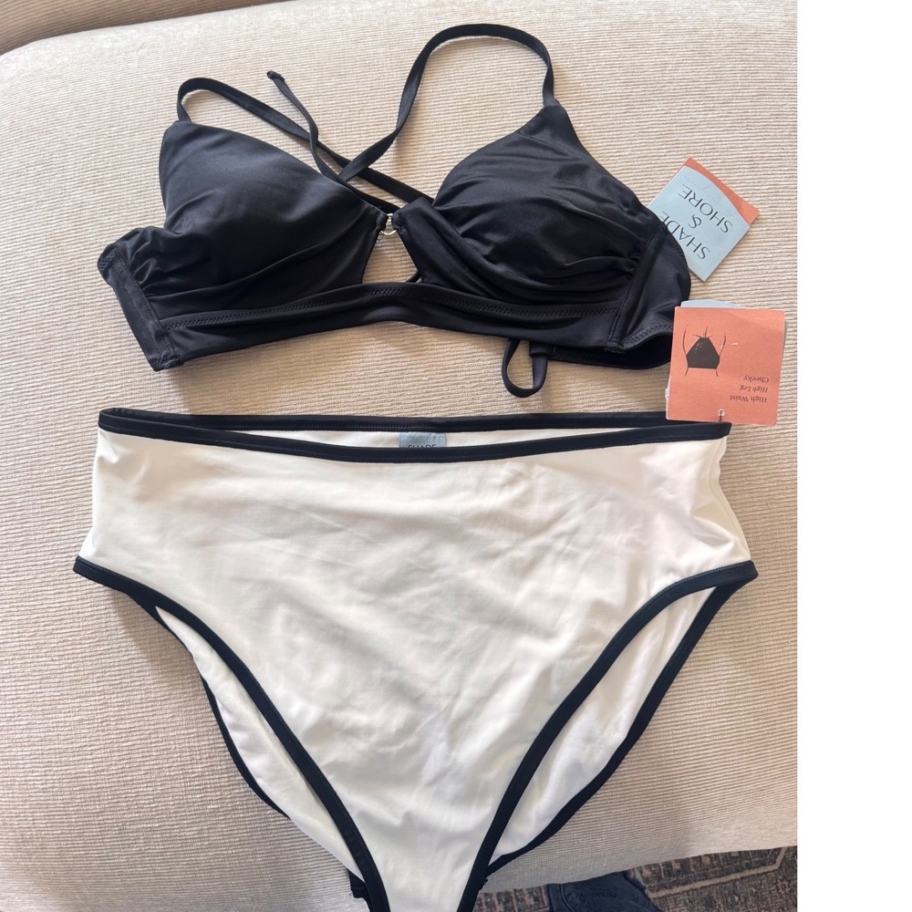 Shade & Shore Bikini Set Black Underwire Top 36B White High Waist Bottoms L NWT